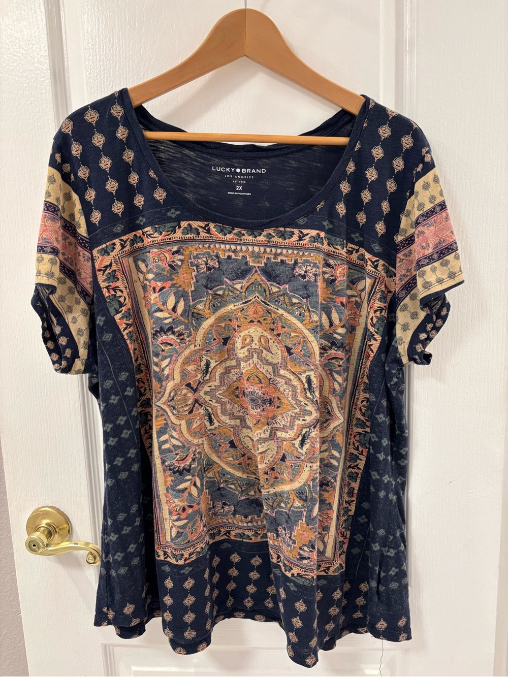 Lucky Brand Navy Multicolor Short Sleeve Tee Cotton Modal